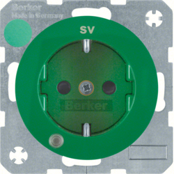 41102003 Presa SCHUKO con LED di controllo e stampa "SV" con campo di scrittura,  protezione elevata contro i contatti,  Morsetti a sollevamento a vite,  Berker R.1/R.3/R.8, verde lucido
